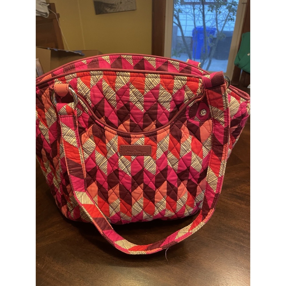 Quilted Multi-Color Geo Pattern Tote Bag - Pink/Red